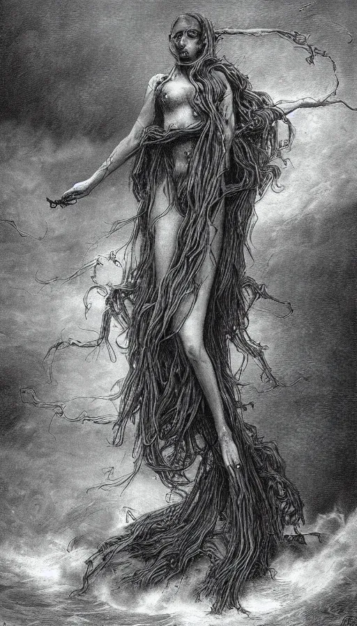 Image similar to a pentax photo of a cerulean sea witch, dark fantasy horror art, by gustave dore