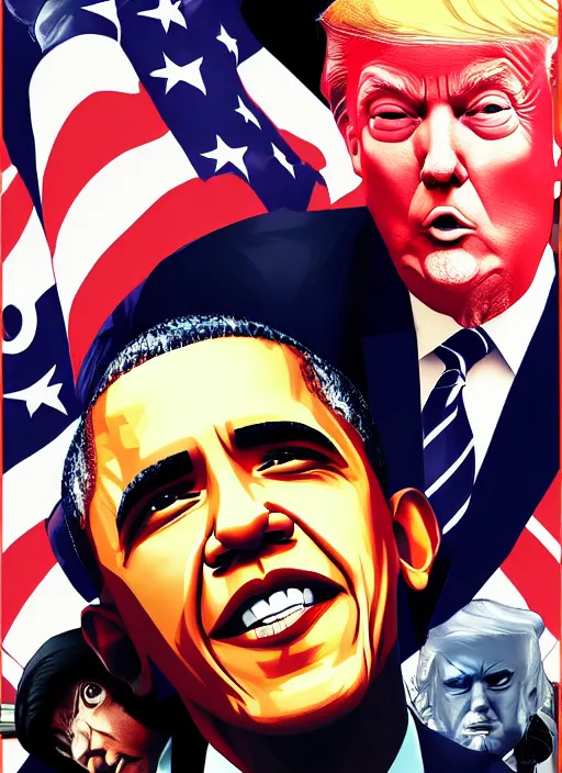 Prompt: barack obama vs donald trump manga cover art, detailed color portrait, artstation trending, 8 k, greg rutkowski,