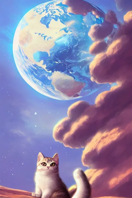 Prompt: Kawaii Cat on the moon with a view of the earth in the background, elegant, digital painting, highly detailed, artstation, concept art, smooth, sharp focus, illustration, art by artgerm and greg rutkowski.