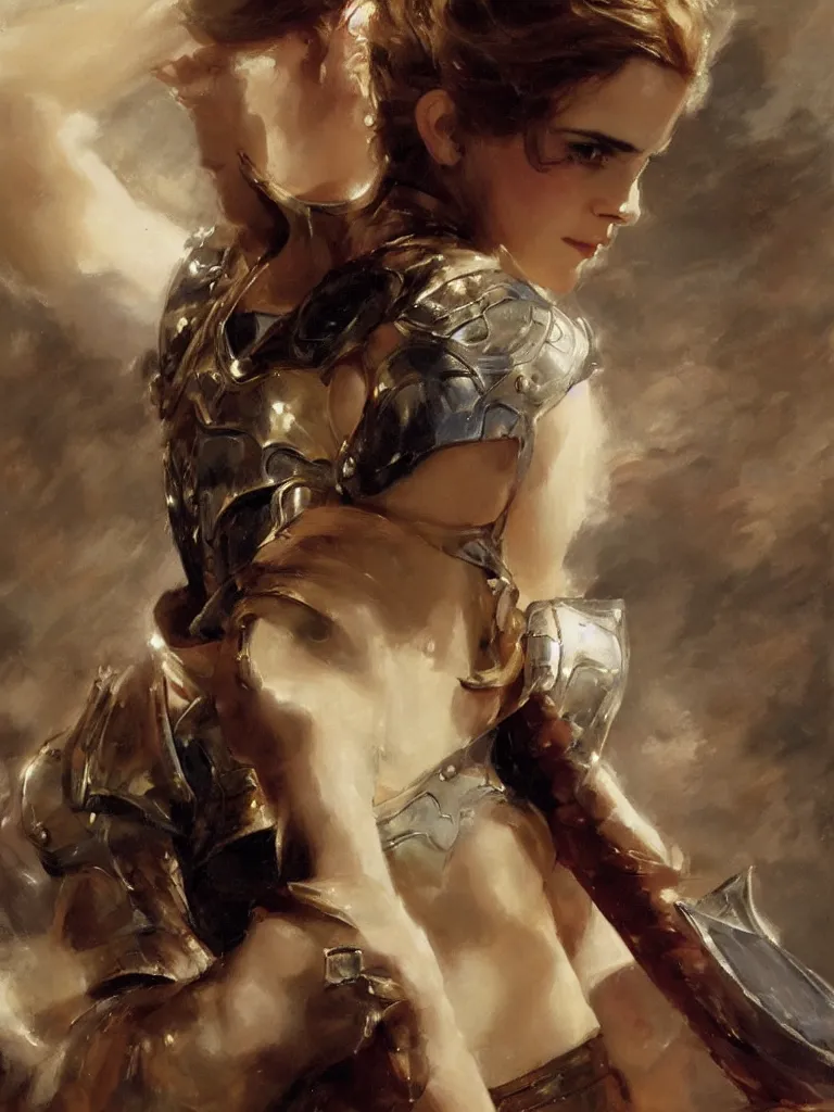 Prompt: close up of emma watson in full leather armor, cinematographic shot, by vladimir volegov and alexander averin and delphin enjolras and daniel f. gerhartz