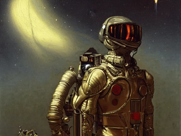 Image similar to a detailed profile oil painting of an advanced soldier in a spacesuit with reflective helmet, advanced technology flight suit, portrait symmetrical and science fiction theme with aurora lighting clouds and stars by beksinski carl spitzweg and tuomas korpi. baroque elements, full-length view. baroque element. intricate artwork by caravaggio. Trending on artstation. 8k