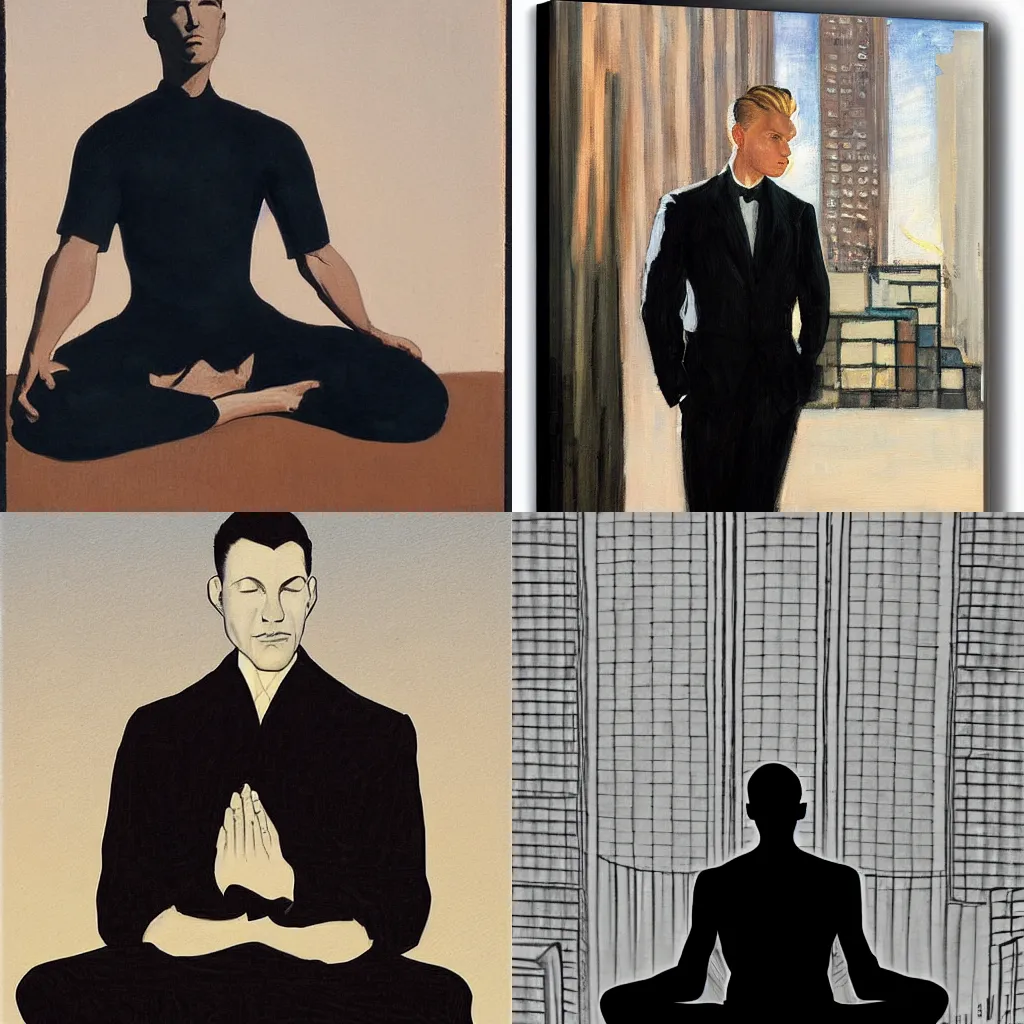 Prompt: man in black in meditation pose, new york city buildings view behind, leyendecker style