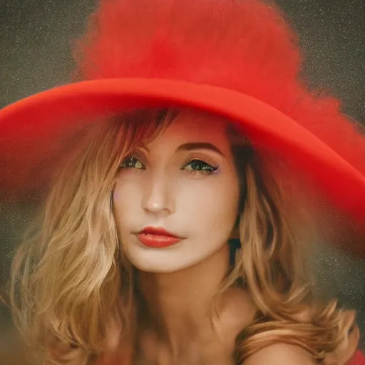 Image similar to fine art portrait photography half - length portrait of stunning girl in a red hat and black dress, kodak portra 4 0 0, 8 k, soft light, volumetric lighting, highly detailed,,