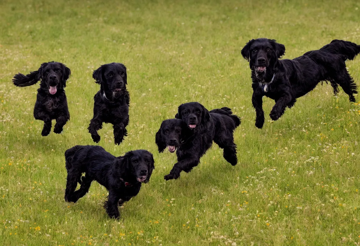 Prompt: Two dogs, One black spaniel dog and One light brown spaniel dog running in a meadow low angle realism epic background 4k