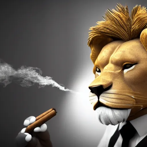 Image similar to a lion smoking a cigar wearing a suit, subject= lion, subject detail: wearing a suit, subject action: smoking a cigar, dramatic lighting, cinematic lighting, establishing shot, photorealistic, high details, cinematic, 8k resolution, extremly detailed, photorealistic, artstation, unreal engine