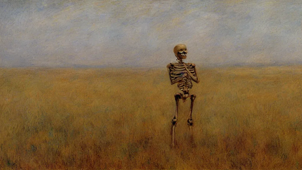 Prompt: a skeleton standing in a stomry, foggy wheat field in style of pierre - auguste renoir,, fine details,