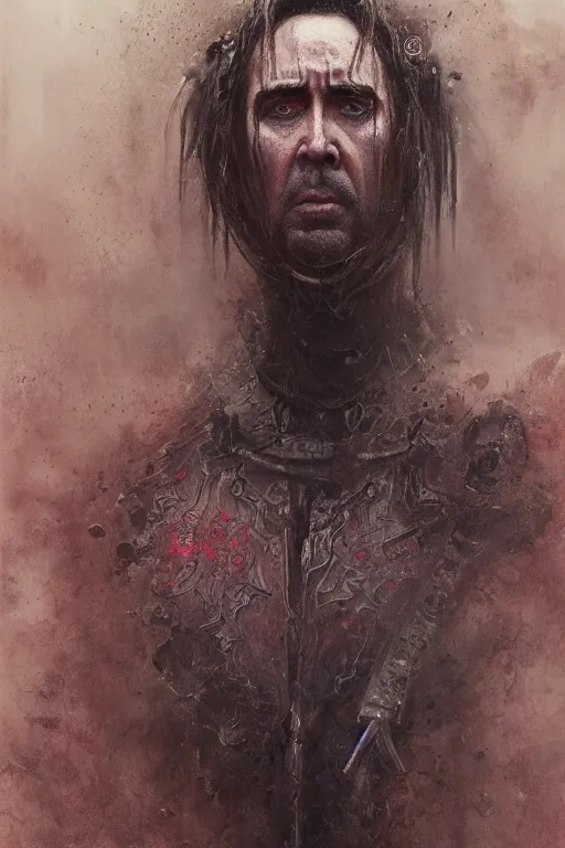 Image similar to Nicolas Cage as knight, dark fantasy, intricate, highly detailed, smooth, artstation, painted by Wayne Barlowe, Greg Rutkowski, zdislav beksinski, Francis Bacon