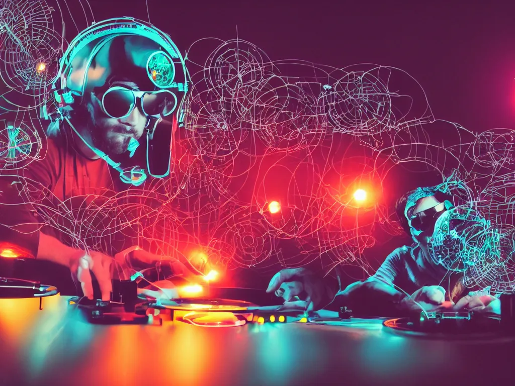 Prompt: a person wearing goggles and visor and headphones using a retro record player contraption, wires and tubes, turntablism dj scratching, intricate planetary gears, cinematic, imax, sharp focus, leds, bokeh, iridescent, black light, fog machine, hazy, lasers, hyper color digital art