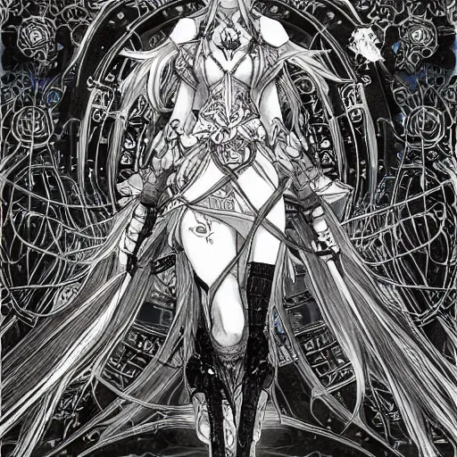 Image similar to a mage from final fantasy 14 drawn by Yoshitaka Amano, intricate, amazing line work, psychedelic