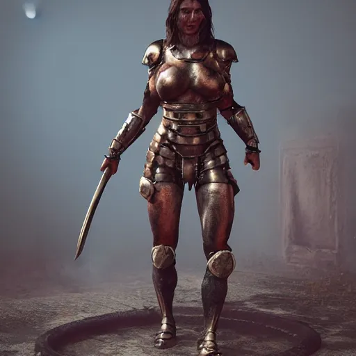 Prompt: muscular woman warrior wearing rusty medieval armor, covered in armor, digital art, octane render, trending on artstation