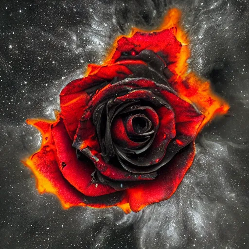 Image similar to award - winning macro of a beautiful black rose made of molten magma and nebulae on black background by harold davis, georgia o'keeffe and harold feinstein, highly detailed, hyper - realistic, inner glow, trending on deviantart, artstation and flickr, nasa space photography, national geographic