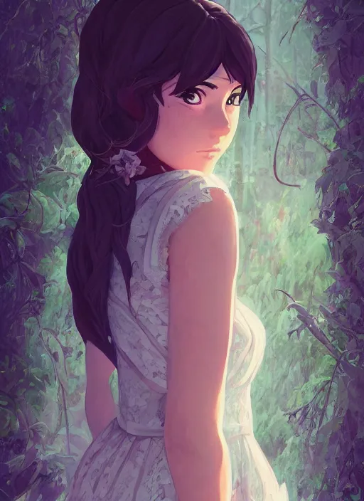 Prompt: anna cortez as a beautiful girl wearing a lace dress, gorgeous half body shot, gorgeous face, detailed eyes, digital art, by makoto shinkai, by dan mumford, trending on artstation