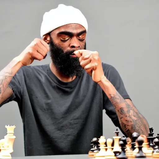 Prompt: MC Ride from Death Grips playing Chess