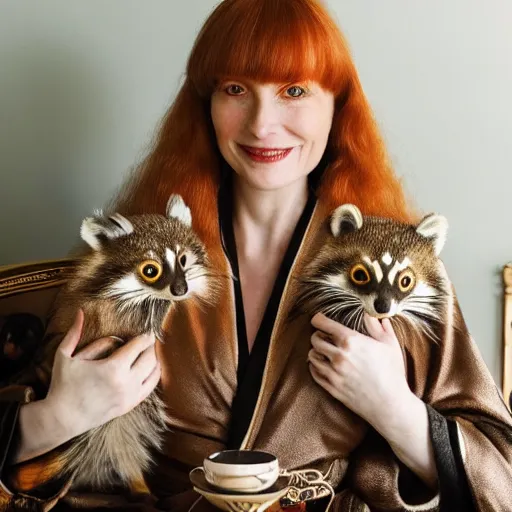 Image similar to a stunning hyper-detailed closeup portrait photo of a slender beautiful smiling woman with long ginger hair and bangs, wearing a luxurious silk robe, wearing headphones and posing with her large ginger tabby cat and her raccoon and parrots in an overstuffed easy chair in her sunlit victorian living room, holding a porcelain parrot-shaped coffee mug and a donut, perfect eyes, fashion photography, octane render, unreal engine, 85 mm lens,