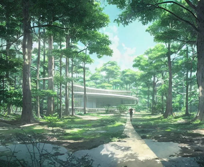 Prompt: A large white science facility built in a forest, peaceful and serene, incredible perspective, soft lighting, anime scenery by Makoto Shinkai and studio ghibli, very detailed