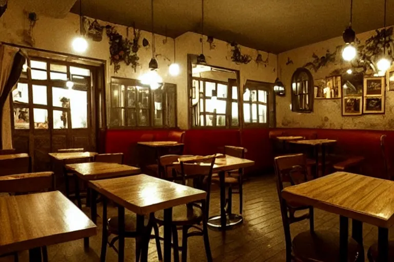 Image similar to belarussian cafe, state of melancholy, romantic, dimmed lights, realistic