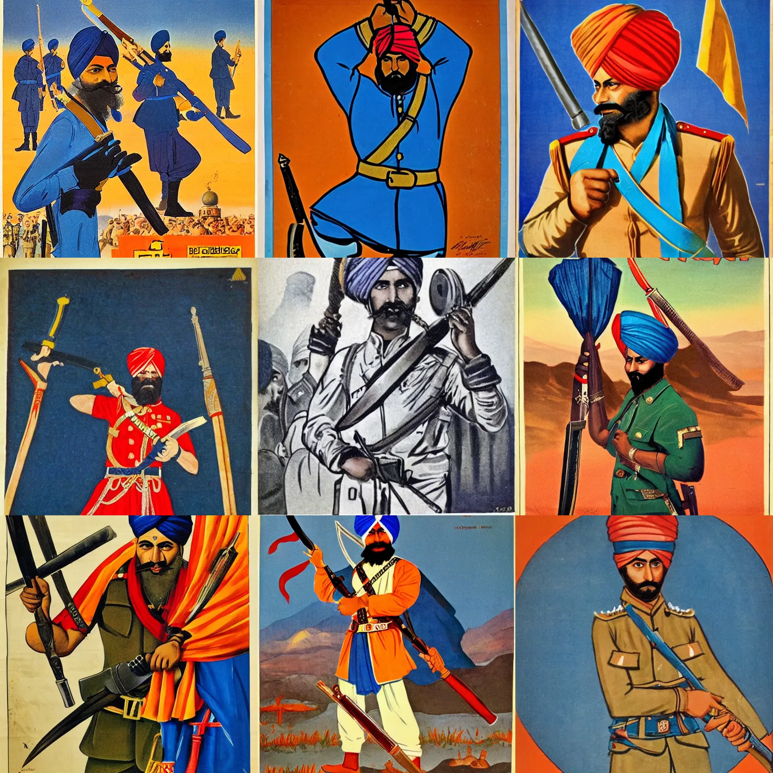 Prompt: jatt singh soldier wearing blue turban brandishing a talwar, soviet propaganda poster