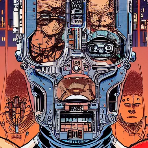 Prompt: the symmetry in a face of a cyberpunk astronaut, fan art for hardboiled wonderland by geof darrow, detailed, concept art,