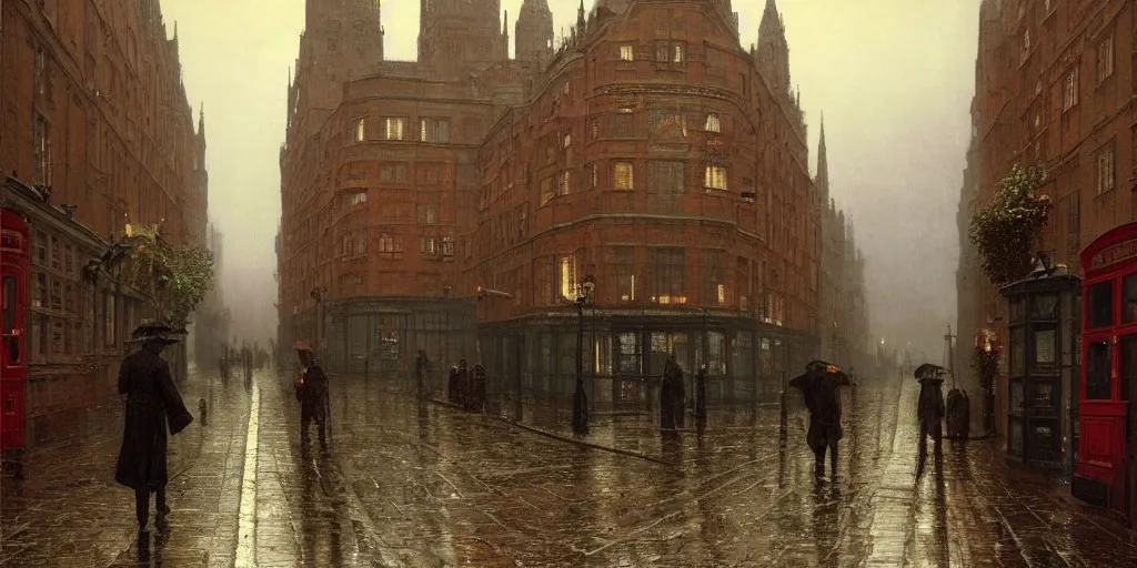 Prompt: Victorian city street on a rainy day in London, evening, low angle view, detailed matte painting, cinematic, John Atkinson Grimshaw, Artstation