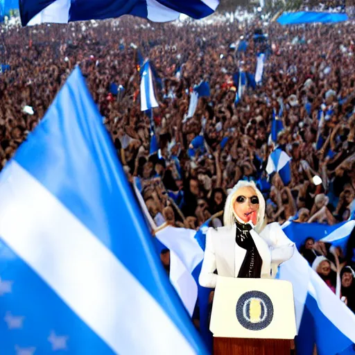 Image similar to Lady Gaga as president, Argentina presidential rally, Argentine flags behind, bokeh, giving a speech, detailed face, Argentina