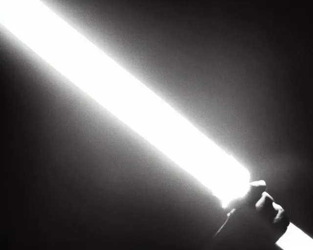 Image similar to a high definition photograph of Kanye West seriously holding a lightsaber, in moody lighting, high contrast, dark shadows