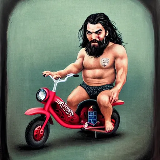 Image similar to Jason Momoa on a tricycle, lowbrow painting by Mark Ryden