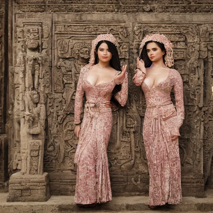 Image similar to photograph of a bas relief of demi rose and emilia clarke wearing kebaya found in an ancient hindu temple, by charlotte grimm, natural light, detailed face, canon eos c 3 0 0, ƒ 1. 8, 3 5 mm, 8 k, medium - format print, half body shot