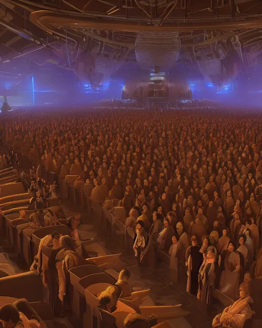 Image similar to scifi movie scene unreal engine 5 render of a crowd in a futuristic church by craig mullins and ghibli, strong contrast, priest, pews, ethereal, inviting, bright, raking light, hyper realism, realistic shading, cinematic composition, blender render, octane render, hdr, detailed textures, photorealistic, wide shot