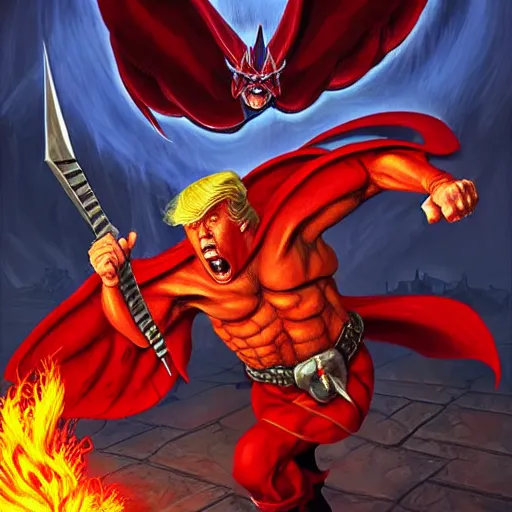 Prompt: Donald Trump Fights a demon and wins. dungeons and dragons style. highly detailed, digital painting, artstation, concept art, sharp focus, illustration, art by Josh kirby and John romita jr and moebius