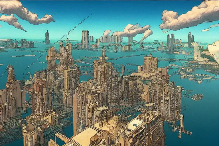 Image similar to a metropolis built on a island floating above the sea in the sky, waterfalls fall from the island into the sea, by moebius