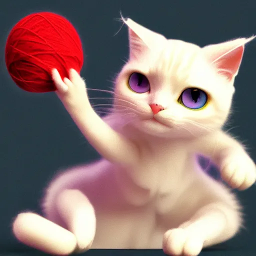 Image similar to a cute calico cat playing with a ball of yarn, artstation, cgsociety, storybook art