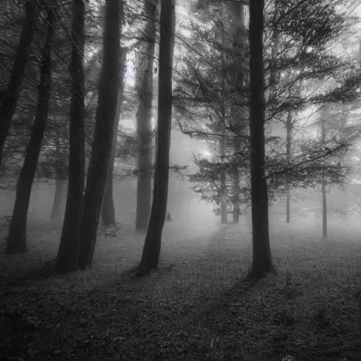 Prompt: Monochrome photo of a man standing in a misty forest at night with light rays coming through the trees, motion blur, grainy, Kodak Tri-X 3200 ISO, 24mm Tilt-shift