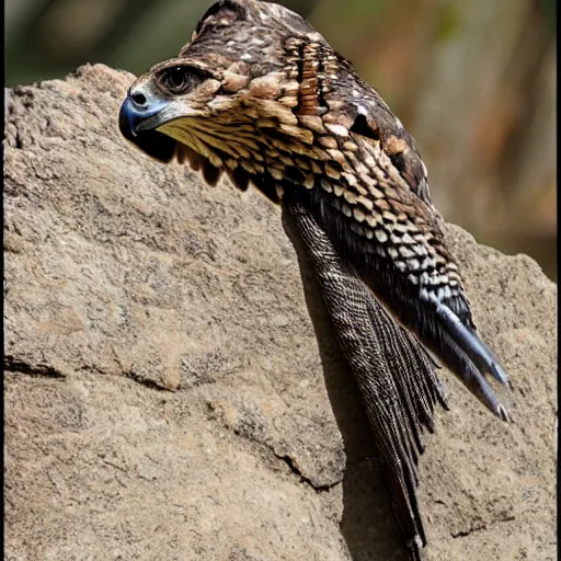 Image similar to hawk morphed with a rattlesnake, very detailed and intricate, snake and bird proportions, realistic, picture taken in zoo