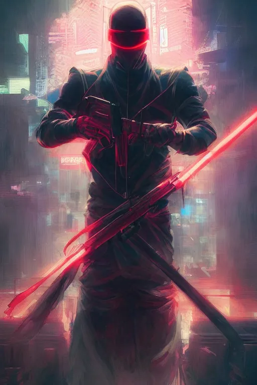 Prompt: portrait of ninja slayer, japan, neon lighting, night city, digital art from artstation, digital illustration by Ruan Jia and Mandy Jurgens and Artgerm and Wayne Barlowe and Greg Rutkowski and Zdislav Beksinski