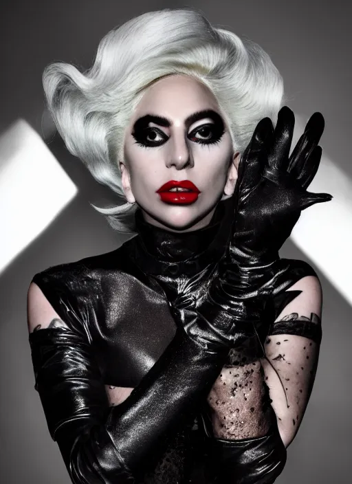 Image similar to lady gaga by nick knight, born this way, born this way album, black outfit, black lipstick, red weapon 8 k s 3 5, cooke anamorphic / i lenses, highly detailed, cinematic lighting