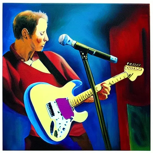 Image similar to “Young Mark Knopfler playing guitar with Buddy Guy, oil painting, 4k”