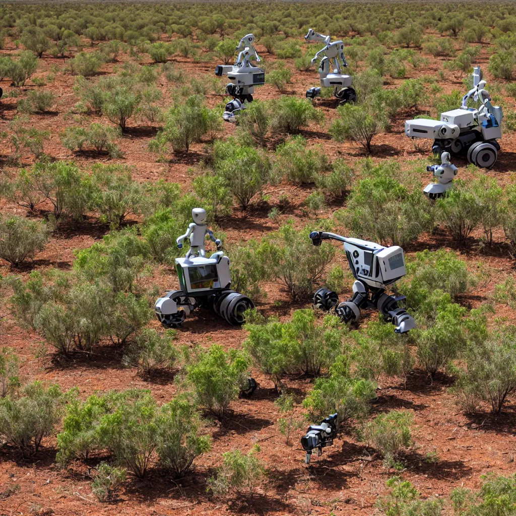 Prompt: robots harvesting a permaculture food forest in the australian desert, XF IQ4, 150MP, 50mm, F1.4, ISO 200, 1/160s, natural light