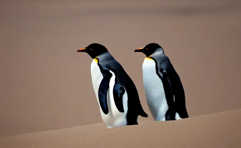 Image similar to happy penguins in sand dunes, photography