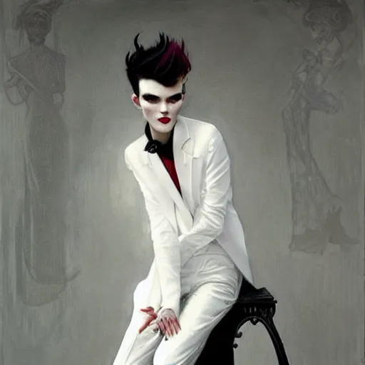 Image similar to stunning portrait of androgynous ruby rose as desire from sandman in a white tuxedo!!!, rockabilly style, by frank moth, by alphonse mucha, by jeremy mann, by peter lindbergh, dave mckean, white suit and black tie, soft lightning, high detailed, 8 k