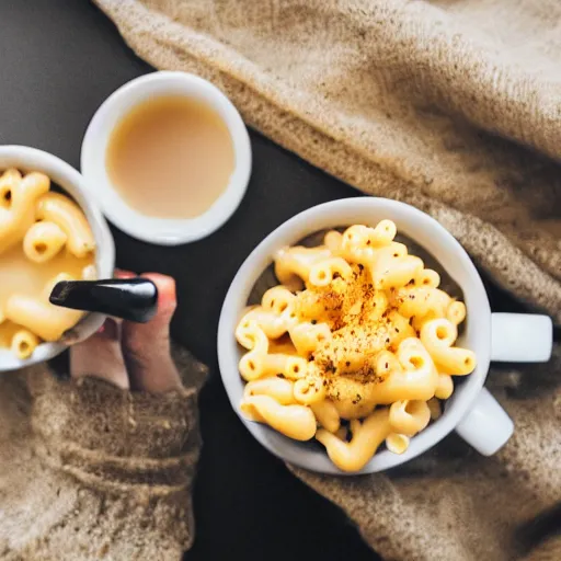 Image similar to a hyper realistic photo of a living box of mac and cheese holding a cup of coffee