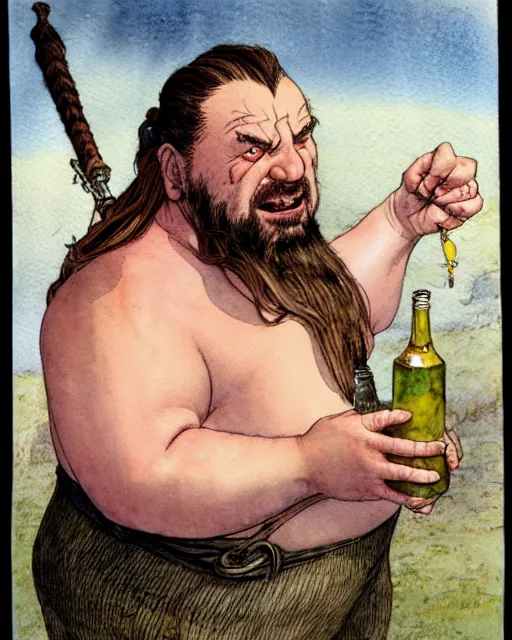 Prompt: a realistic and atmospheric watercolour fantasy character concept art portrait of a fat, chibi qui - gon jinn drinking out of a bottle with pink eyes wearing a wife beater. by rebecca guay, michael kaluta, charles vess and jean moebius giraud