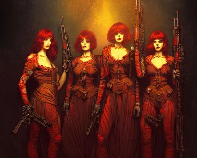 Image similar to three soldiers with beautiful faces, wearing psychedelic wicca, in uniform dresses, red neon weapons, full body, dark and mysterious, atmospheric, ominous, eerie, cinematic light, epic, 8 k 3 d, ultra detail, ultra realistic, by wlop, by mucha, by giger