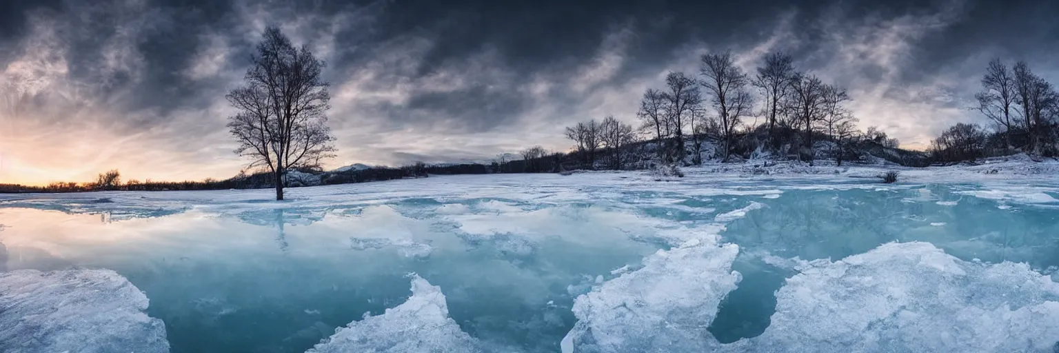 Image similar to amazing landscape photo of A gigantic monster trapped under the ice transparent frozen lake at sunset beautiful dramatic lighting