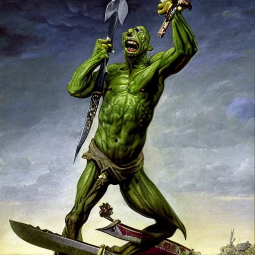 Prompt: dog - faced muscular goblin, ugly face, lizard tail, holding scimitar made of bone, scimitar, sword, jagged sword, curved sword, orkish sword, colorized, green skin, hyper - detailed, primeval fantasy, prehistoric fantasy, art by jacques - louis david