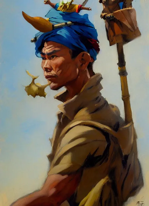 Image similar to greg manchess side portrait of a filipino fighter wearing a jester hat sitting on a tank holding a staff, organic painting, sunny day, matte painting, bold shapes, hard edges, street art, trending on artstation, by huang guangjian, gil elvgren, ruan jia, randy vargas, greg rutkowski