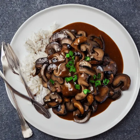 Image similar to brown mushroom sauce on rice, michelin star