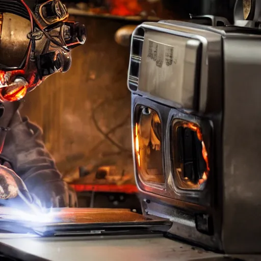 Image similar to technician repairing head of toaster oven mecha, dark messy smoke - filled cluttered workshop, dark, dramatic lighting, orange tint, cinematic, highly detailed, sci - fi, futuristic, movie still