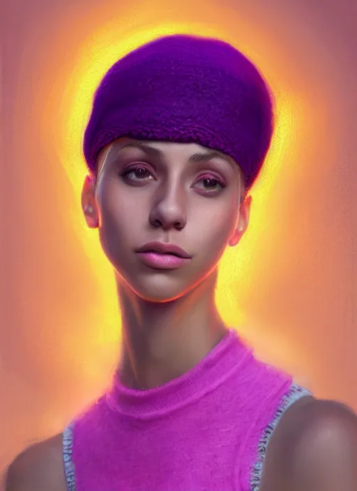 Image similar to portrait of teenage vanessa morgan with bright pink hair, vanessa morgan, curly pixie cut hair, wearing a purple breton cap, breton cap, hoop earrings, intricate, elegant, glowing lights, highly detailed, digital painting, artstation, concept art, smooth, sharp focus, illustration, art by wlop, mars ravelo and greg rutkowski