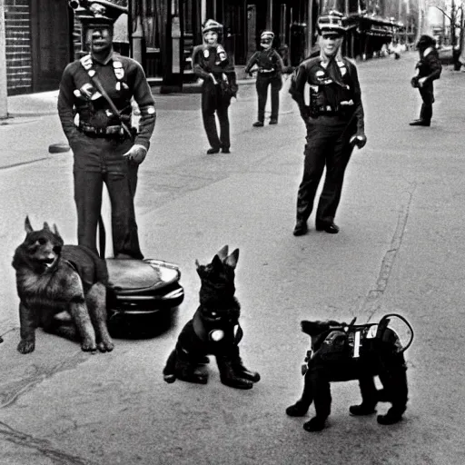 Prompt: paw patrol as cops in new york city, old historical photograph, 1 9 6 5, on the streets of harlem, artistic, gritty, heroic