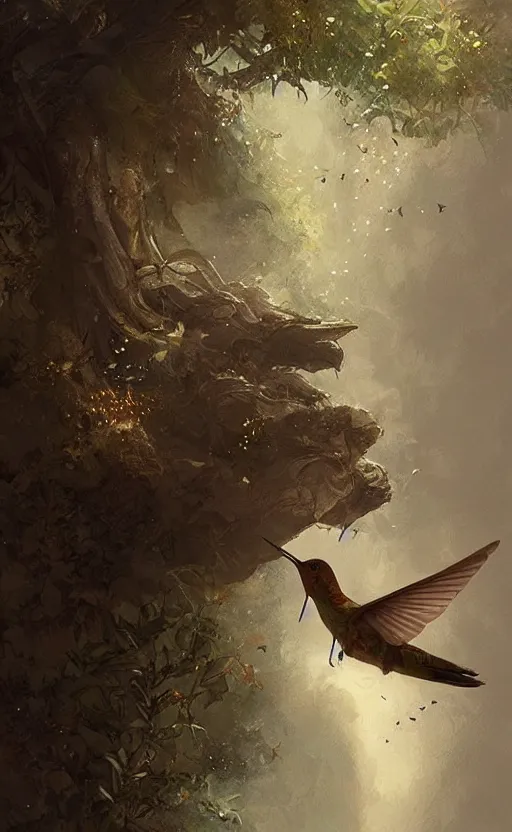 Prompt: woman with brown hair sipping tea as a humming bird flies by, concept art, fantasy, highly detailed, cinematic lighting, digital painting by greg rutkowski